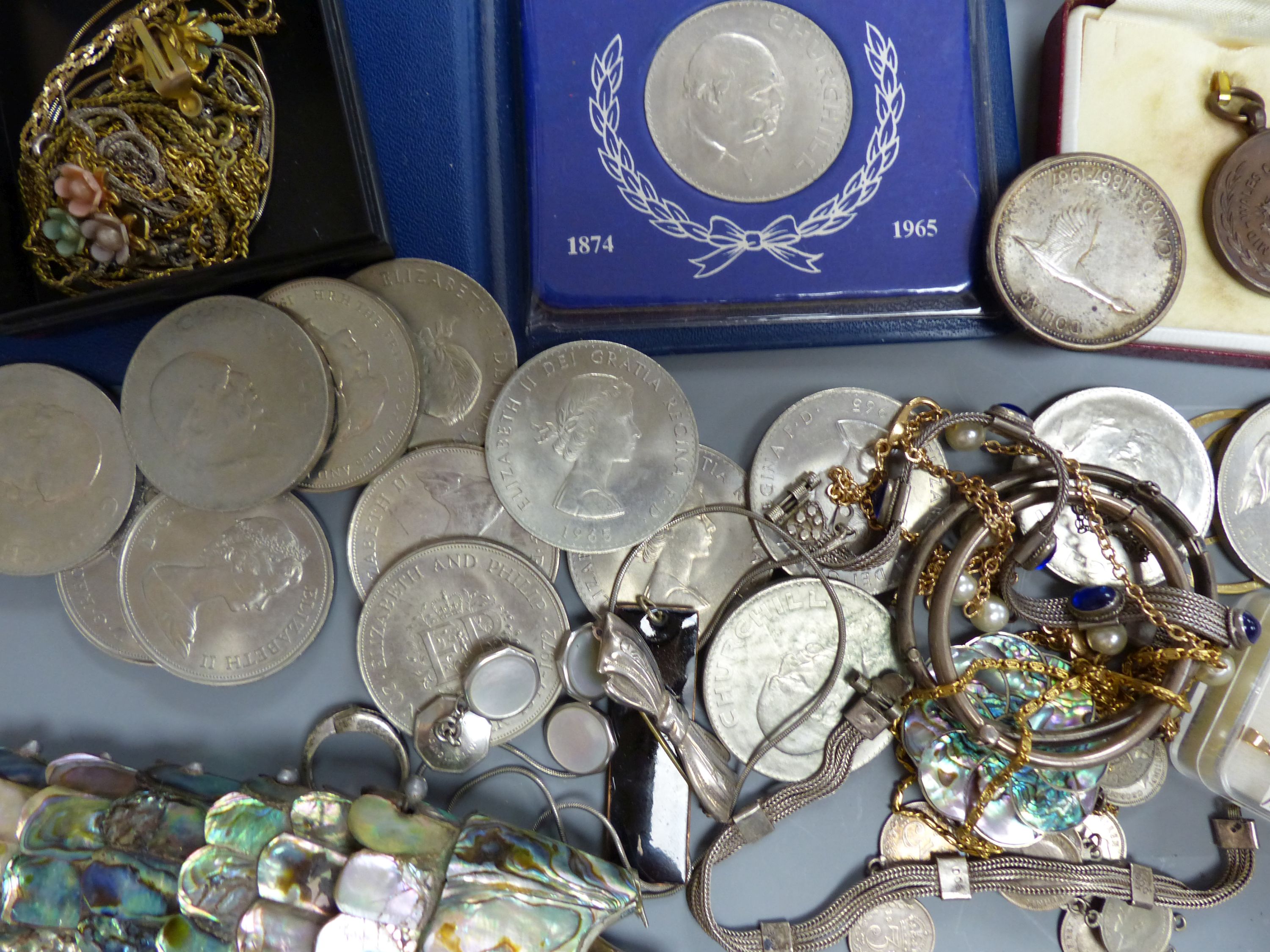 A quantity of mixed costume jewellery, an articulated fish, coins etc